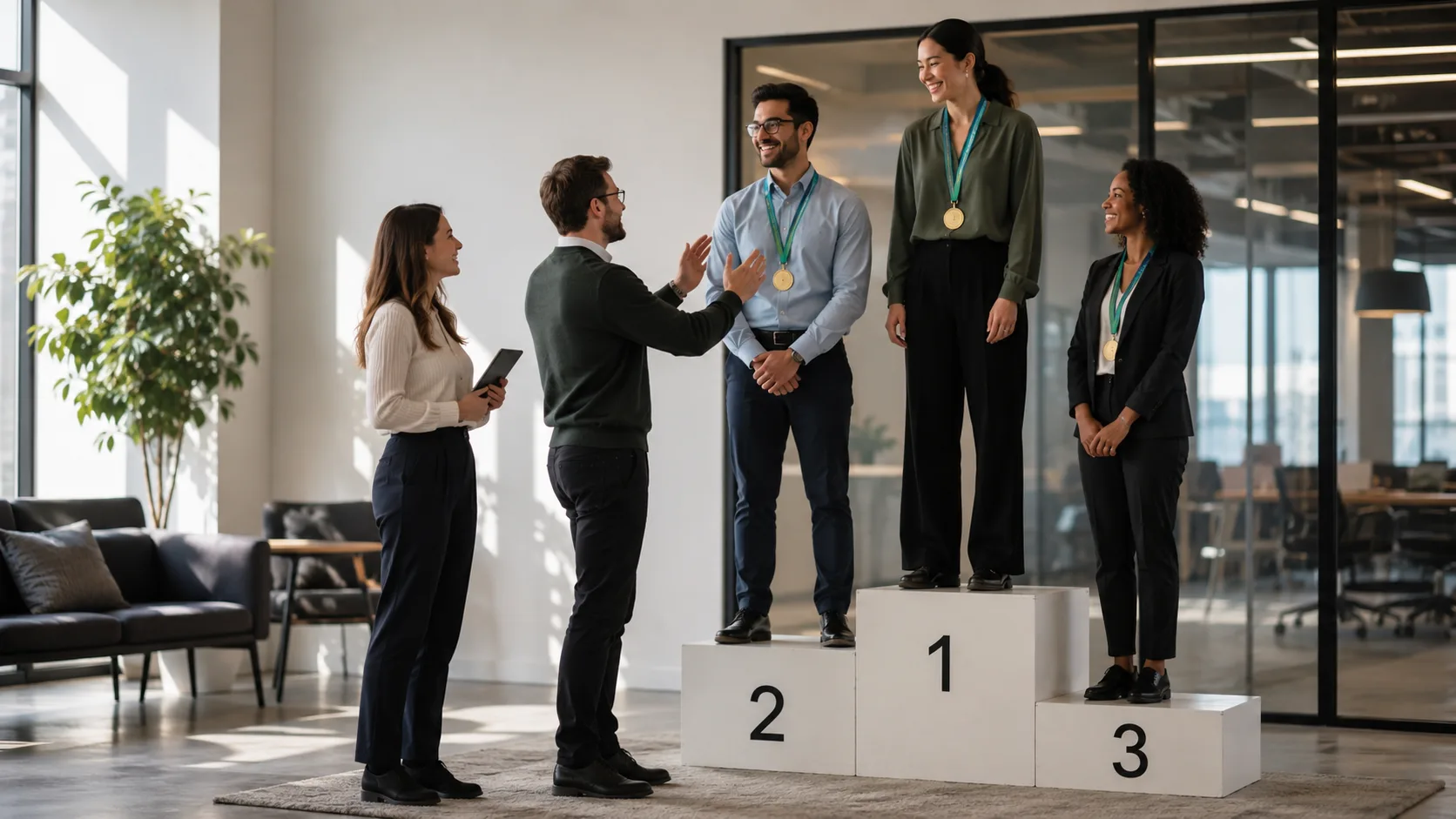 Hiring team celebrating top candidates on a podium